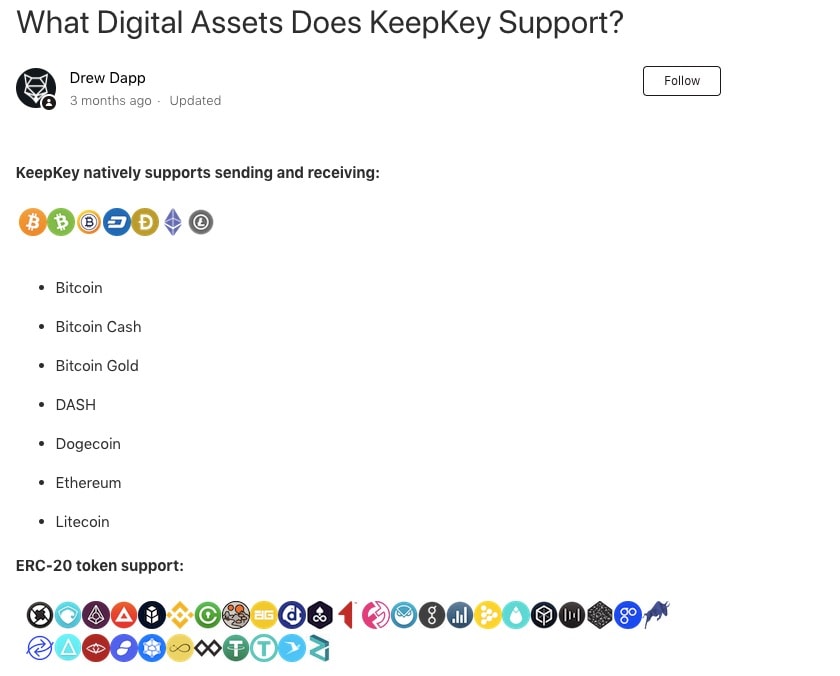 Viimeisin luettelo KeepKeyn tuetuista kryptovaluutoista.